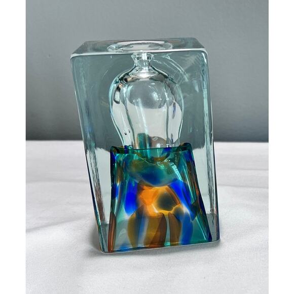 Adam Jablonski Art Glass Oil Burner Multicolor Hand Blown Glass Cube Sculpture - Picture 1 of 4